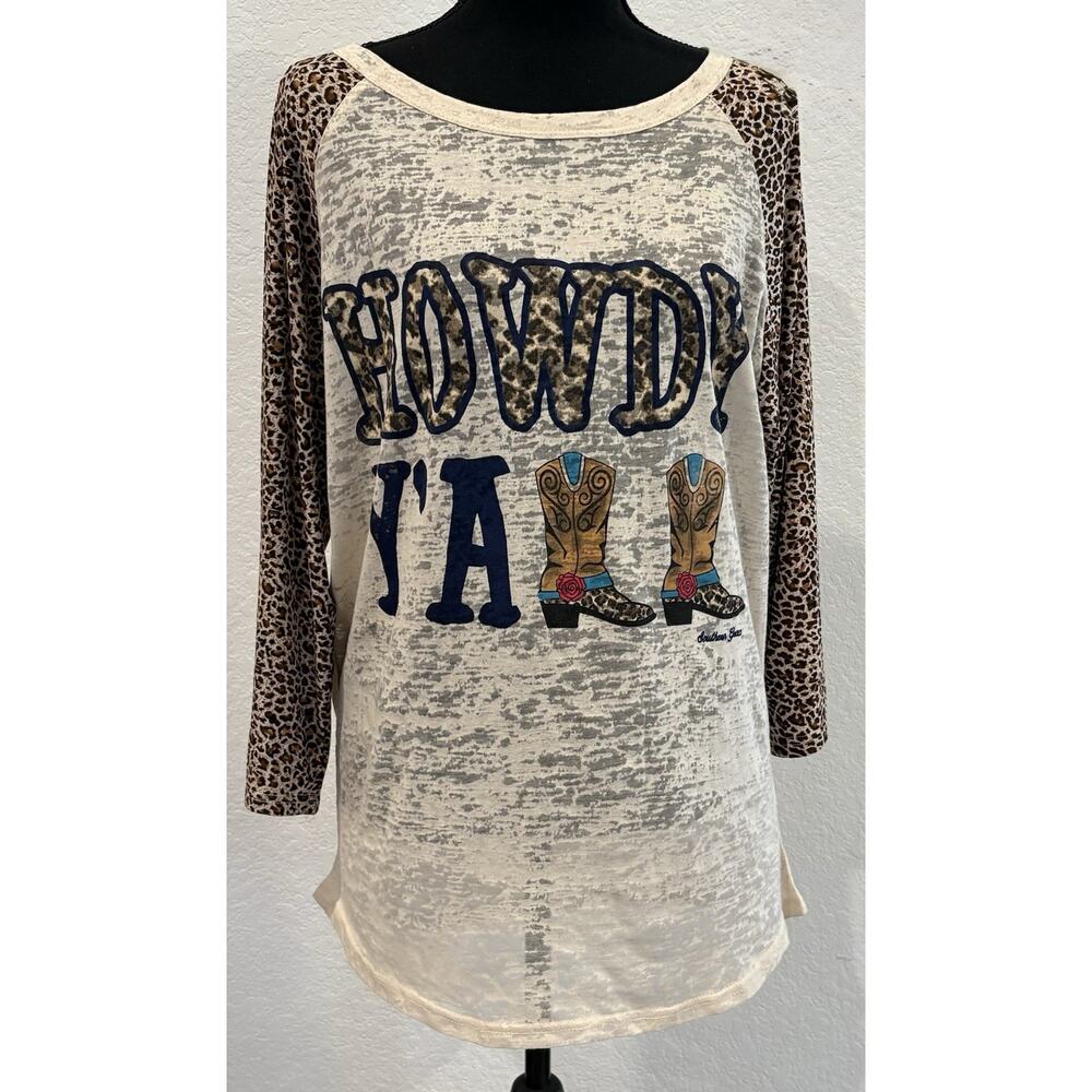 Southern Stitch Howdy Ya’ll Slub Jersey Leopard Print Sleeves Size XL